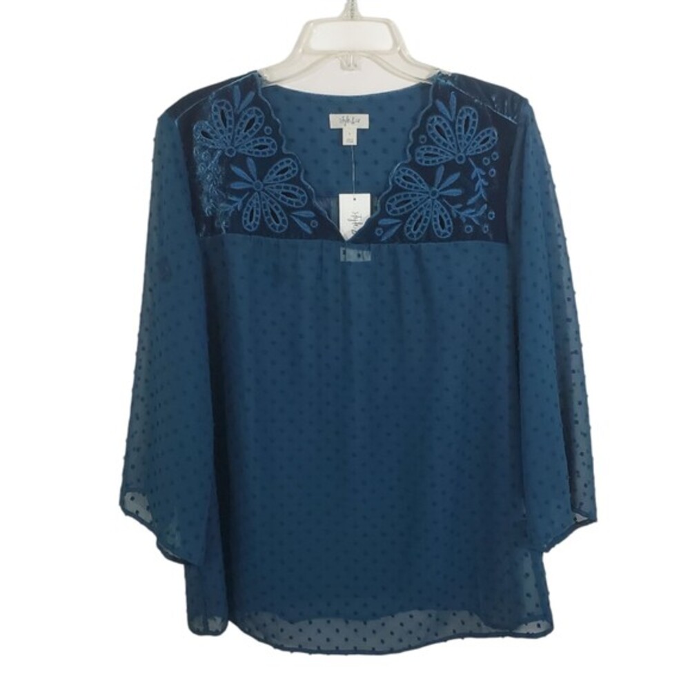 Style & Co Sheer Swiss Dot Blouse Velvet Eyelet Yoke NWT Size Large Boho Peasant